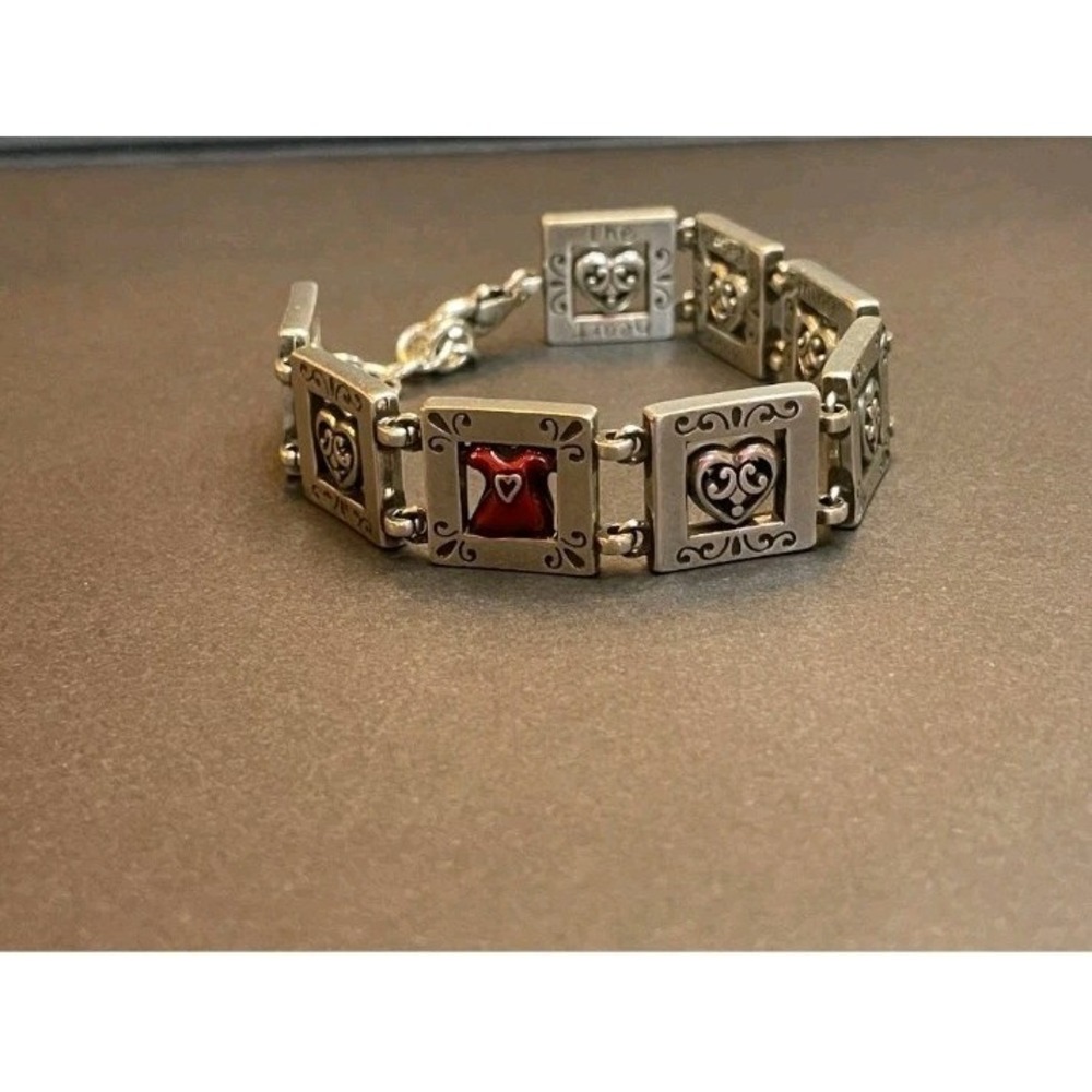 Brighton Go-Red Square Link Bracelet w/Hearts & Red Dress Silver Plated 7"- 8"